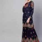 Navy Blue & Pink Made-To-Measure Zari Embroidered Unstitched Dress with Sharara & Dupatta