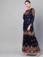 Navy Blue & Pink Made-To-Measure Zari Embroidered Unstitched Dress with Sharara & Dupatta