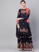 Navy Blue & Pink Made-To-Measure Zari Embroidered Unstitched Dress with Sharara & Dupatta - Image 2