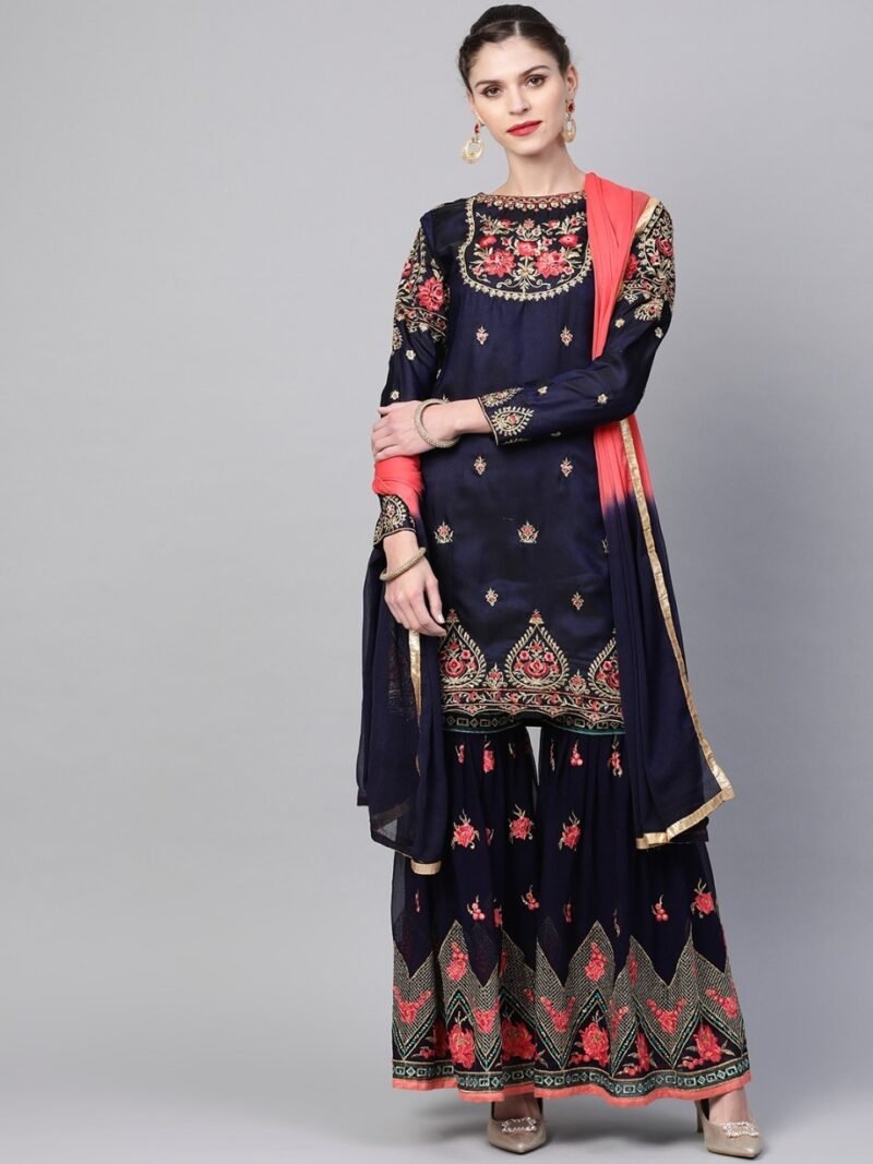 Navy Blue & Pink Made-To-Measure Zari Embroidered Unstitched Dress with Sharara & Dupatta - Image 2