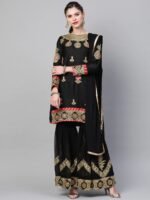 Women Black & Golden Made to Measure Zari Embroidered Unstitched Dress with Sharara & Dupatta - Image 2