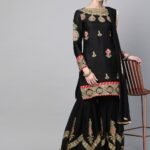 Women Black & Golden Made to Measure Zari Embroidered Unstitched Dress with Sharara & Dupatta