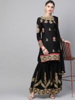Women Black & Golden Made to Measure Zari Embroidered Unstitched Dress with Sharara & Dupatta