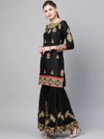 Women Black & Golden Made to Measure Zari Embroidered Unstitched Dress with Sharara & Dupatta - Image 3