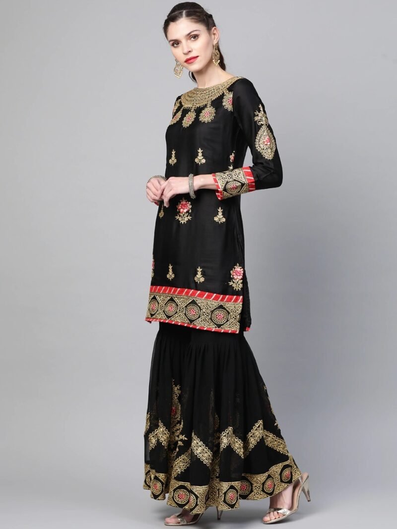 Women Black & Golden Made to Measure Zari Embroidered Unstitched Dress with Sharara & Dupatta - Image 3