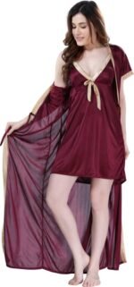 Satin Plain Short Nighty With Long Robe - Image 2