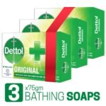 Dettol Soap Original Pack of 3 (75gm X 3), Bathing Bar Soaps with protection from 100 illness-causing germs