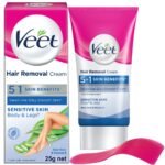 Veet Hair Removal Cream 25gm Sensitive Skin for Body & Legs, Get Salon-like Silky Smooth Skin with 5 in 1 Skin Benefits