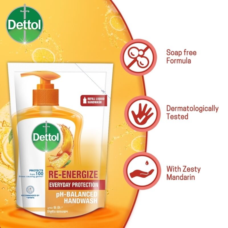 Dettol Handwash Re-energize 170ml Refill, pH-Balanced Liquid Soap formula - Image 2