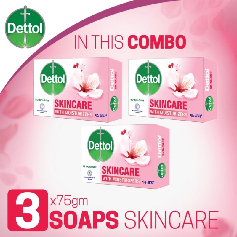 Dettol Soap Skincare Pack of 3 (75gm X 3), Bathing Bar Soaps with Moisturizers - Image 2