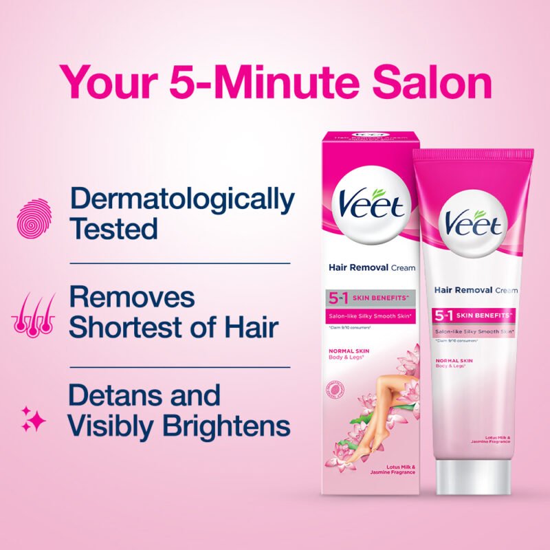 Veet Hair Removal Cream 100gm Normal Skin for Body & Legs, Get Salon-like Silky Smooth Skin with 5 in 1 Skin Benefits - Image 2
