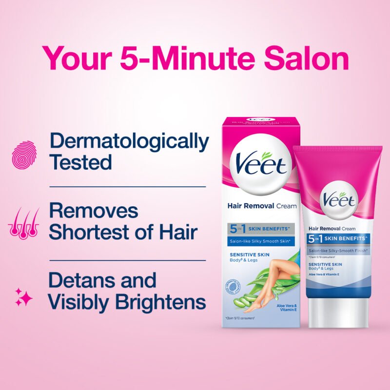Veet Hair Removal Cream 25gm Sensitive Skin for Body & Legs, Get Salon-like Silky Smooth Skin with 5 in 1 Skin Benefits - Image 2