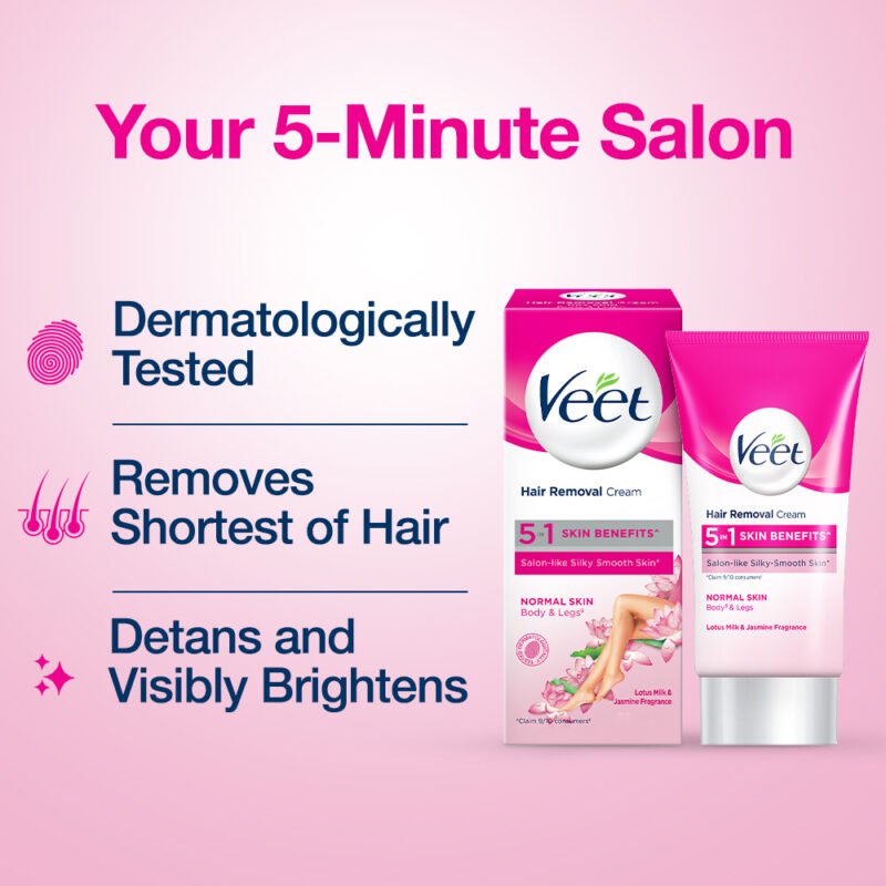 Veet Hair Removal Cream 50gm Normal Skin for Body & Legs, Get Salon-like Silky Smooth Skin with 5 in 1 Skin Benefits - Image 2