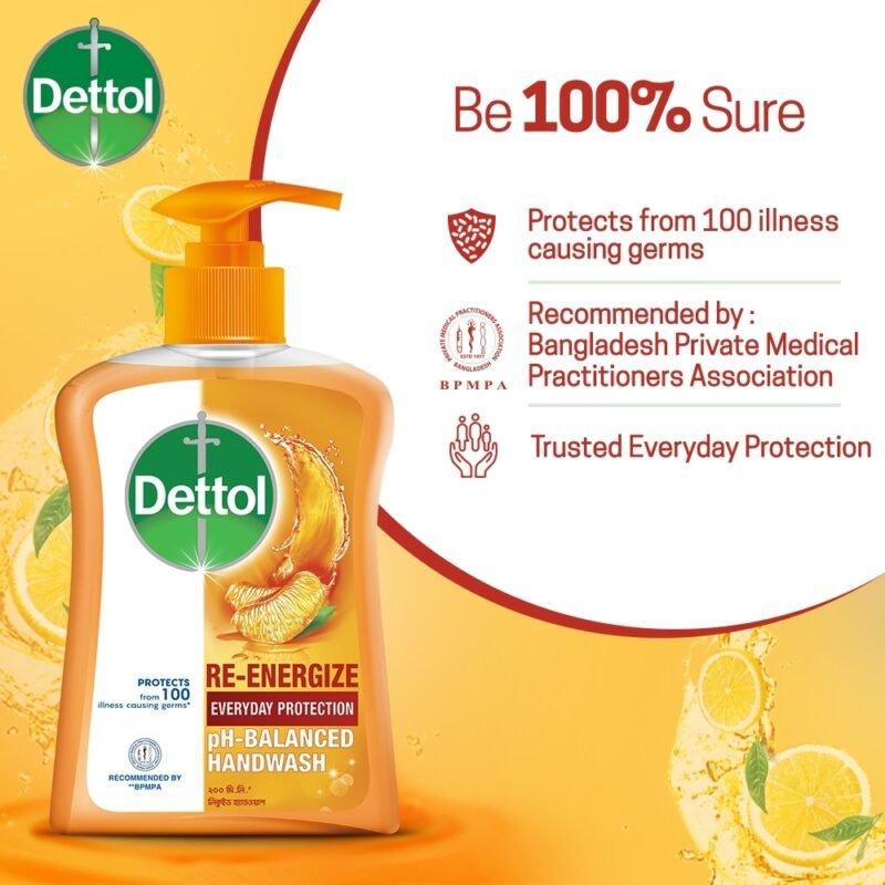 Dettol Handwash Re-energize 200ml Pump, pH-Balanced Liquid Soap formula - Image 3