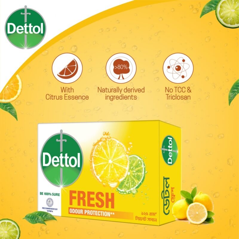 Dettol Soap Citrus Fresh 125gm Bathing Bar, Soap with Orour Protection - Image 3