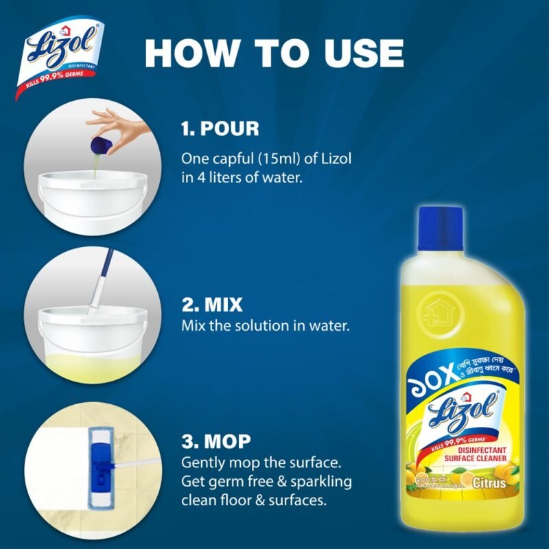 Lizol Disinfectant Floor & Surface Cleaner 200ml Citrus, Kills 99.9% Germs - Image 4