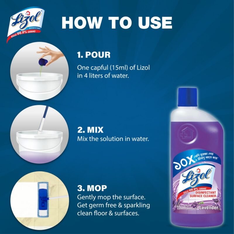 Lizol Disinfectant Floor & Surface Cleaner 500ml Lavender, Kills 99.9% Germs - Image 4