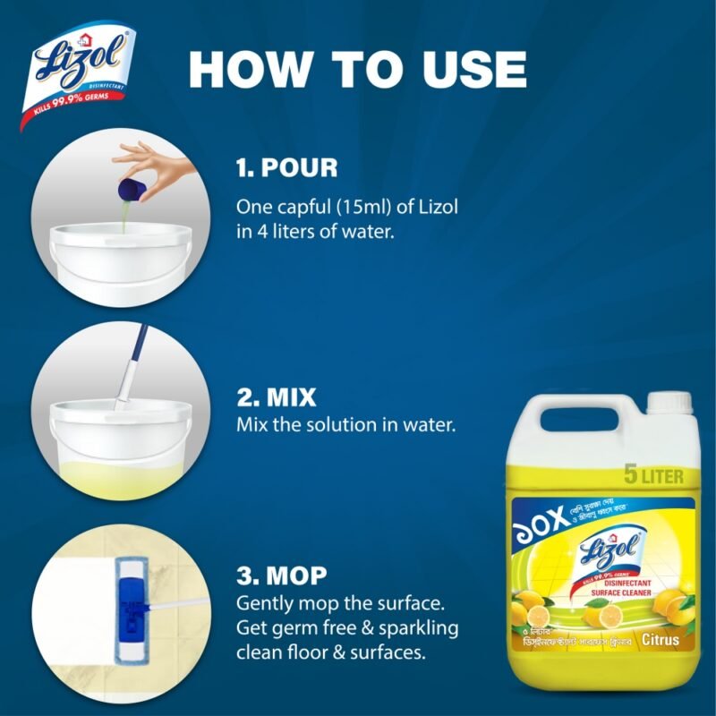 Lizol Disinfectant Floor & Surface Cleaner 5L Citrus, Super Saver Pack, Kills 99.9% Germs - Image 4