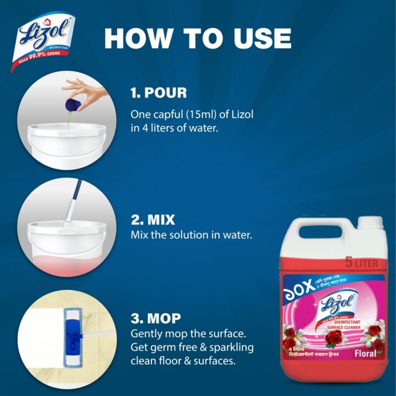 Lizol Disinfectant Floor & Surface Cleaner 5L Floral, Super Saver Pack, Kills 99.9% Germs - Image 4