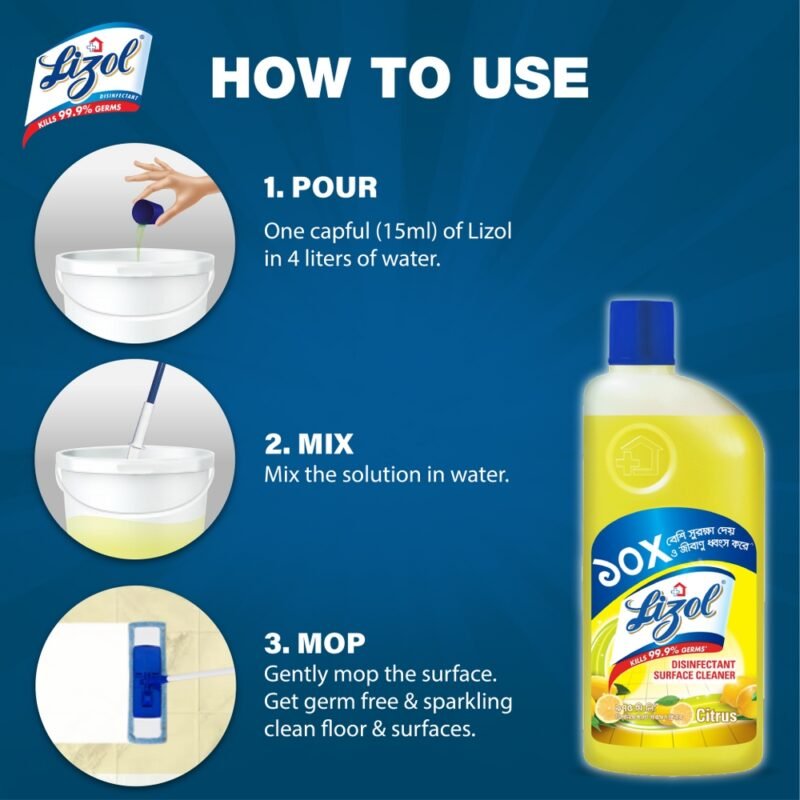 Lizol Disinfectant Floor & Surface Cleaner 975ml Citrus, Kills 99.9% Germs - Image 4