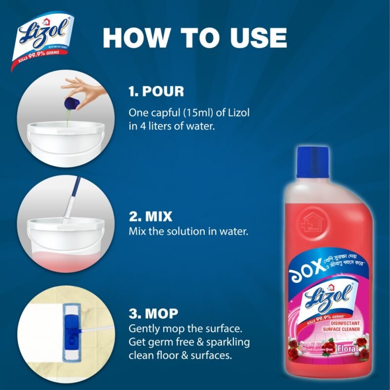Lizol Disinfectant Floor & Surface Cleaner 975ml Floral, Kills 99.9% Germs - Image 3