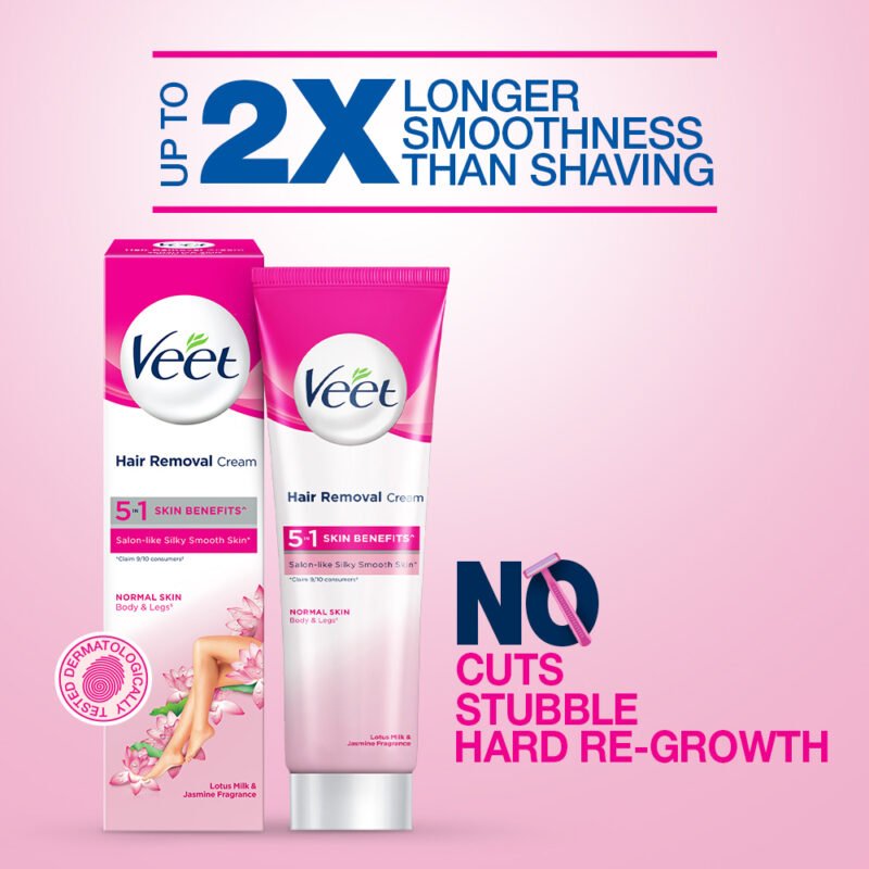 Veet Hair Removal Cream 100gm Normal Skin for Body & Legs, Get Salon-like Silky Smooth Skin with 5 in 1 Skin Benefits - Image 5
