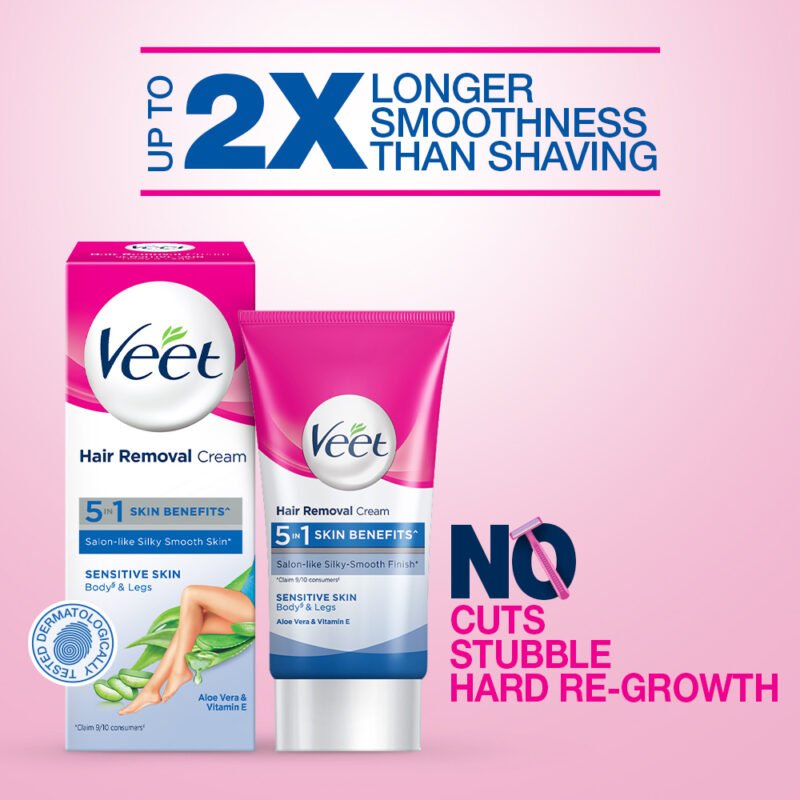 Veet Hair Removal Cream 25gm Sensitive Skin for Body & Legs, Get Salon-like Silky Smooth Skin with 5 in 1 Skin Benefits - Image 5
