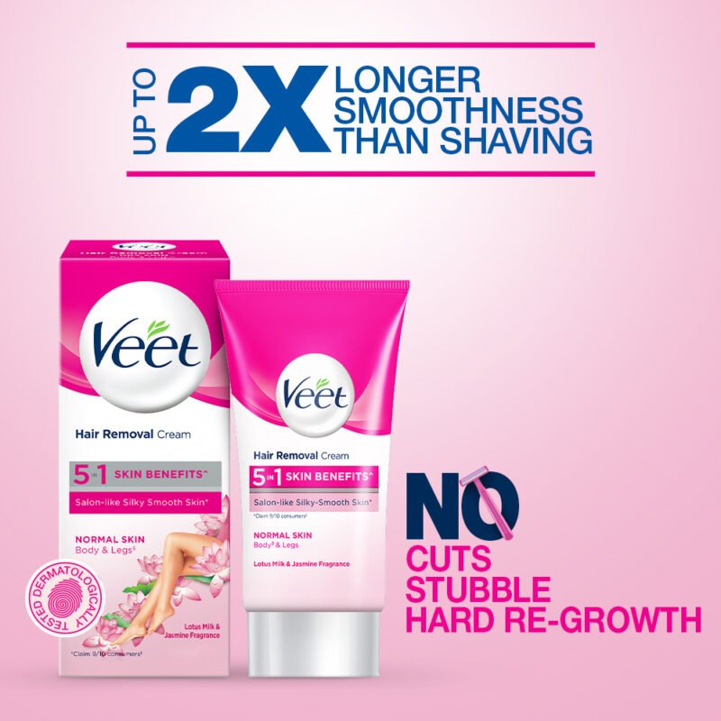 Veet Hair Removal Cream 50gm Normal Skin for Body & Legs, Get Salon-like Silky Smooth Skin with 5 in 1 Skin Benefits - Image 5