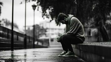 depressed-young-man-sitting-on-the-street-black-and-white-generative-ai-photo