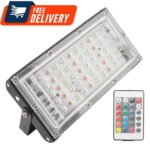 RGB LED Flood Light- Remote Controlled IP66 Waterproof Landscape & Outdoor Lighting (50W, AC220V) – Black Color