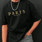 Drop Shoulder Print T-Shirt - Paris - Black