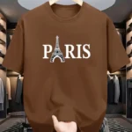Drop Shoulder Print T-Shirt - Paris Eiffel Tower - Coffee