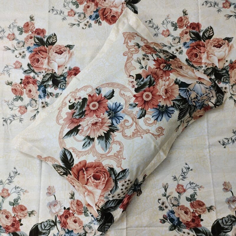 Luxury Twill Cotton Bedsheet – Cream Flora - Image 2