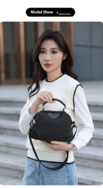 New Portable Nylon Cloth with Cowhide Shoulder Bag(Black) - Image 4