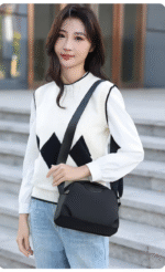 New Portable Nylon Cloth with Cowhide Shoulder Bag(Black) - Image 2