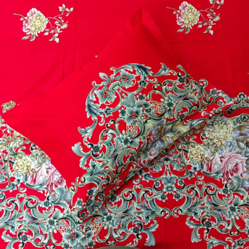 Luxury Twill Cotton Bedsheet – King Size – 3Pecs – Flora Red Candy - Image 3
