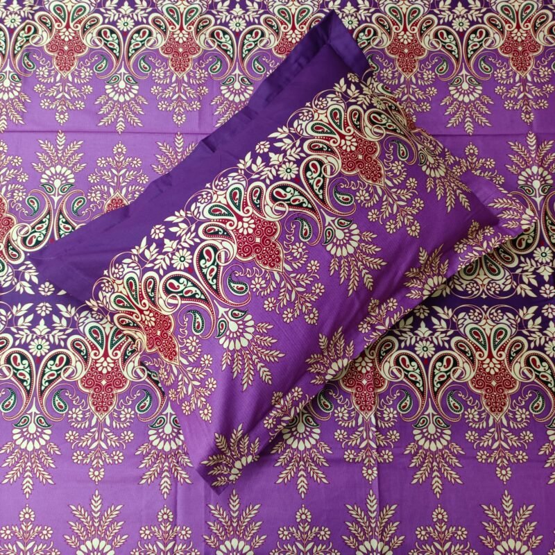 Luxury Twill Cotton Bedsheet – King Size – 3Pecs – Purple Nokshi - Image 2