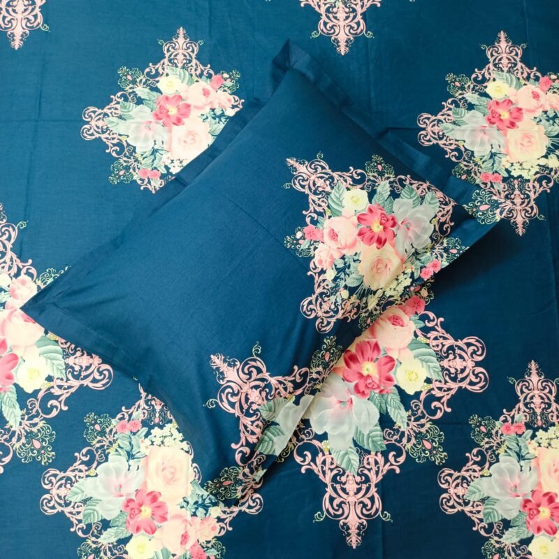 Luxury Twill Cotton Bedsheet – King Size – 3Pecs – Flora Blue - Image 3
