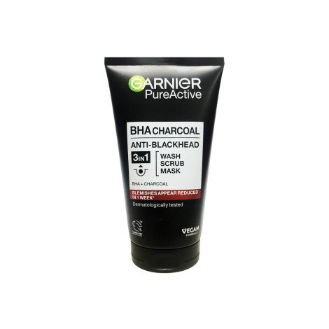 Garnier Pure Active BHA Charcoal Anti Blackhead 3in1 Wash Scrub Mask 150ml - Image 1
