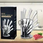 Upgrade your culinary setup with this sleek 9-piece stainless steel knife set, featuring a 360° rotating fan stand for effortless counter organization and quick access during prep.