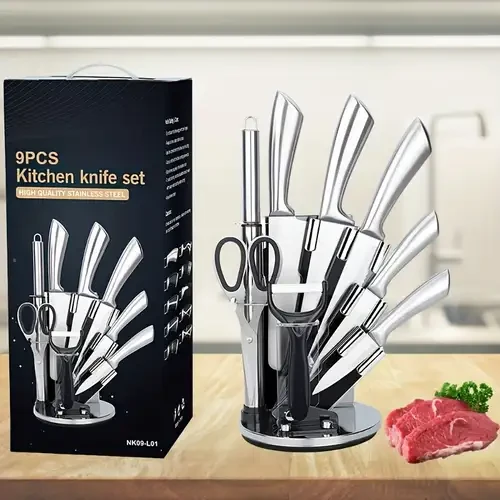 knife Upgrade your culinary setup with this sleek 9-piece stainless steel knife set, featuring a 360° rotating fan stand for effortless counter organization and quick access during prep. - Image 1